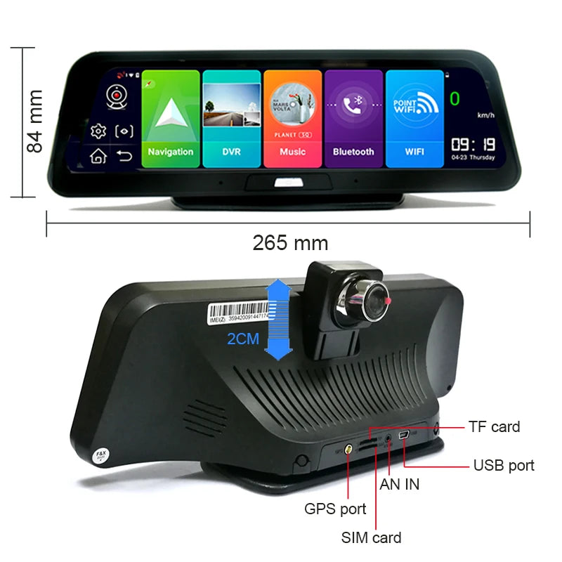 Dashcam voor Auto - 10" 4G ADAS Dashcam - GPS Navigatie & Dual Lens Achteruitrijcamera - 15m Achtercamera - Geen Geheugenkaart - Zwart