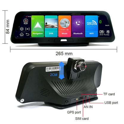 Dashcam voor Auto - 10" 4G ADAS Dashcam - GPS Navigatie & Dual Lens Achteruitrijcamera - 15m Achtercamera - Geen Geheugenkaart - Zwart