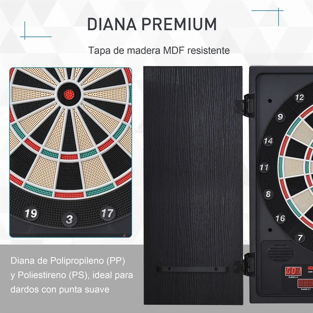 Elektronisch Dartbord – Digitale Darts – Elektronisch Dartspel – Dartsbord Voor 8 Spelers – Met LED-Scorebord – Inclusief 12 Darts en 30 Reservepunten – Compact 51x6,5x57 cm – Houten Beschermkap - QUORE