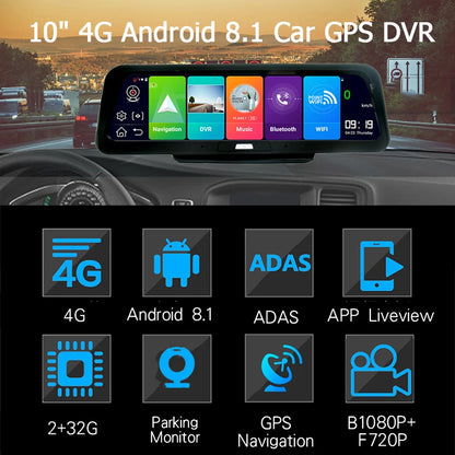 Dashcam voor Auto - 10” Android 8.1 Dashcam - IPS Touchscreen - ADAS Rijhulp - GPS Navigatie - WiFi - Dual Camera 1080P - Parkeermodus - G-Sensor - 4G 15m Camera aan de Achterkant - Zwart