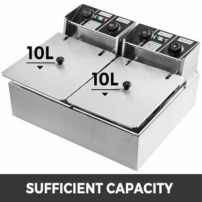 Dubbele Frituurpan - Frituurpannen - Horeca Friteuse - 20L - 6000W - Instelbare Thermostaat - RVS - 2 Tanks - Snelle Verwarming - Voor Horeca - en Thuisgebruik - QUORE
