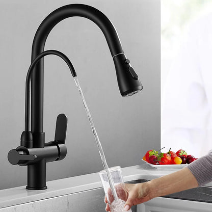 Keukenkraan - met Uittrekbare Uitloop - Twee Handgrepen - voor Koud - Warm Water - Vuistdouche - Drinkwater - en Keukenmixers - Zilver Grijs