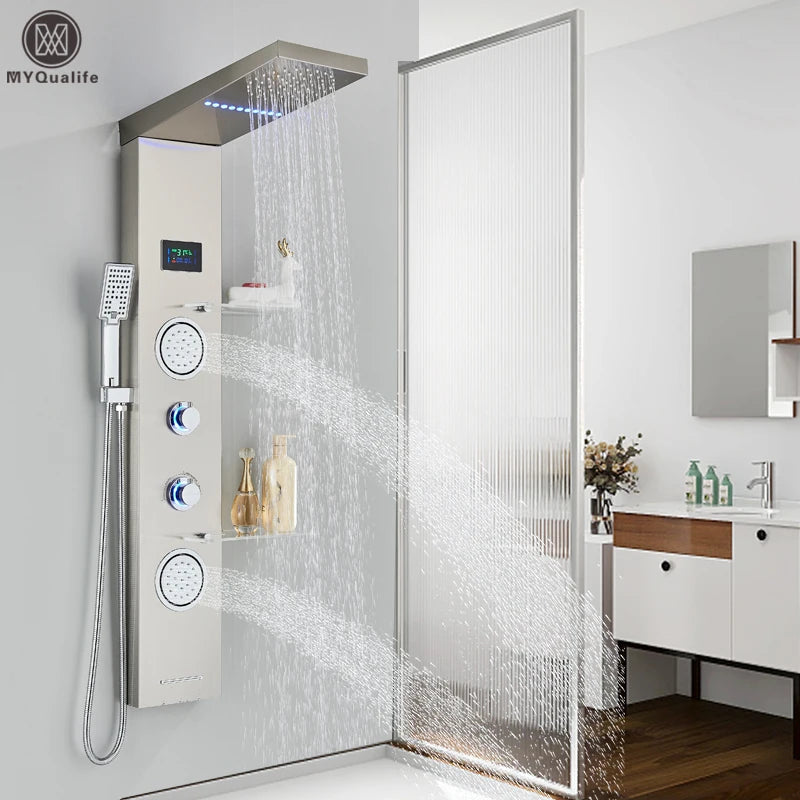 Douche - Regendouche - Douchewand - Douchekolom - Douchepanelen - Brushed Nickel LED Douchepaneel – Waterval Regendouche met LCD Display & Massage Jets - Zilver