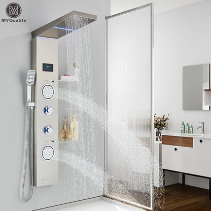 Douche - Regendouche - Douchewand - Douchekolom - Douchepanelen - Brushed Nickel LED Douchepaneel – Waterval Regendouche met LCD Display & Massage Jets - Zilver