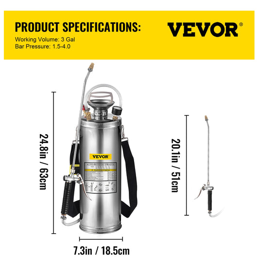 Vevor - Drukspuit - Handspuit - Drukspuiten - 10L/3Gal- voor Tuin en Huis - Roestvrij Staal - QUORE