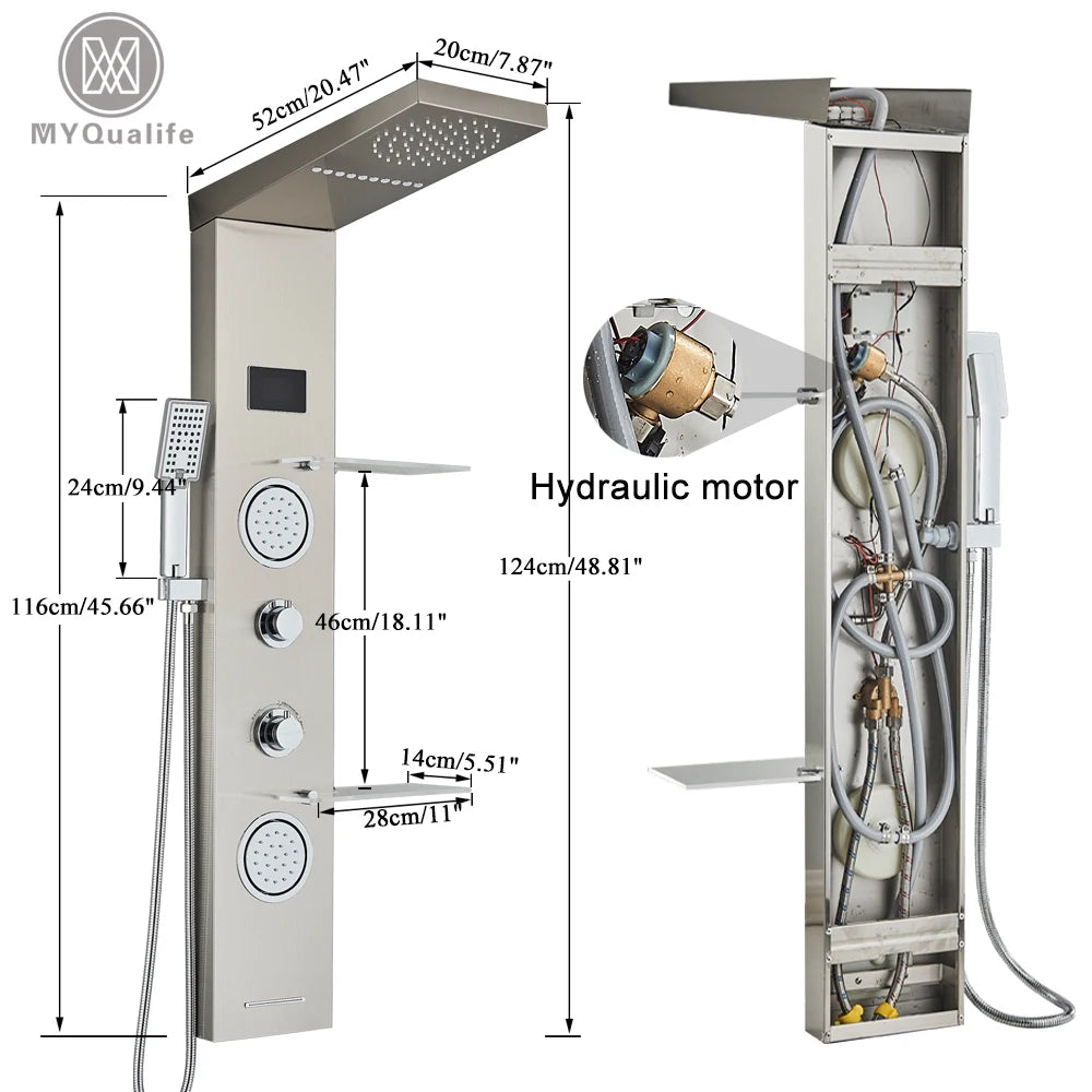 Douche - Regendouche - Douchewand - Douchekolom - Douchepanelen - Brushed Nickel LED Douchepaneel – Waterval Regendouche met LCD Display & Massage Jets - Zilver