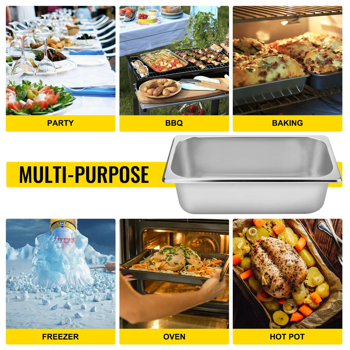Vevor - Buffet Chafing Dishes - Antiaanbaklaag - Rechthoek - 13L - 6PCS - Roestvrij staal - Voedselcontainer voor Het Bakken van een BBQ-feestje - Zilver - QUORE