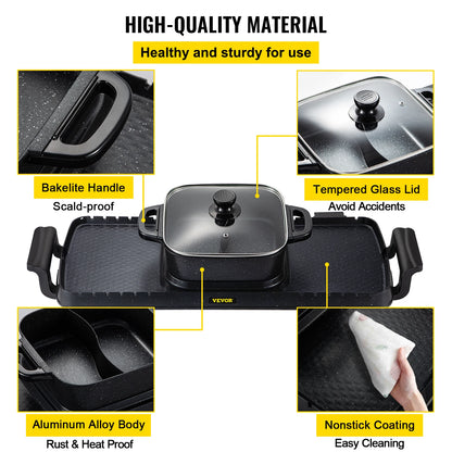 2-in-1 Elektrische Hotpot & BBQ Pan – Chinese Fondue Gourmetstel – 2400W – Voor 1 tot 8 Personen – Rookvrij – Zwart – Ideaal voor Gezellig Tafelen