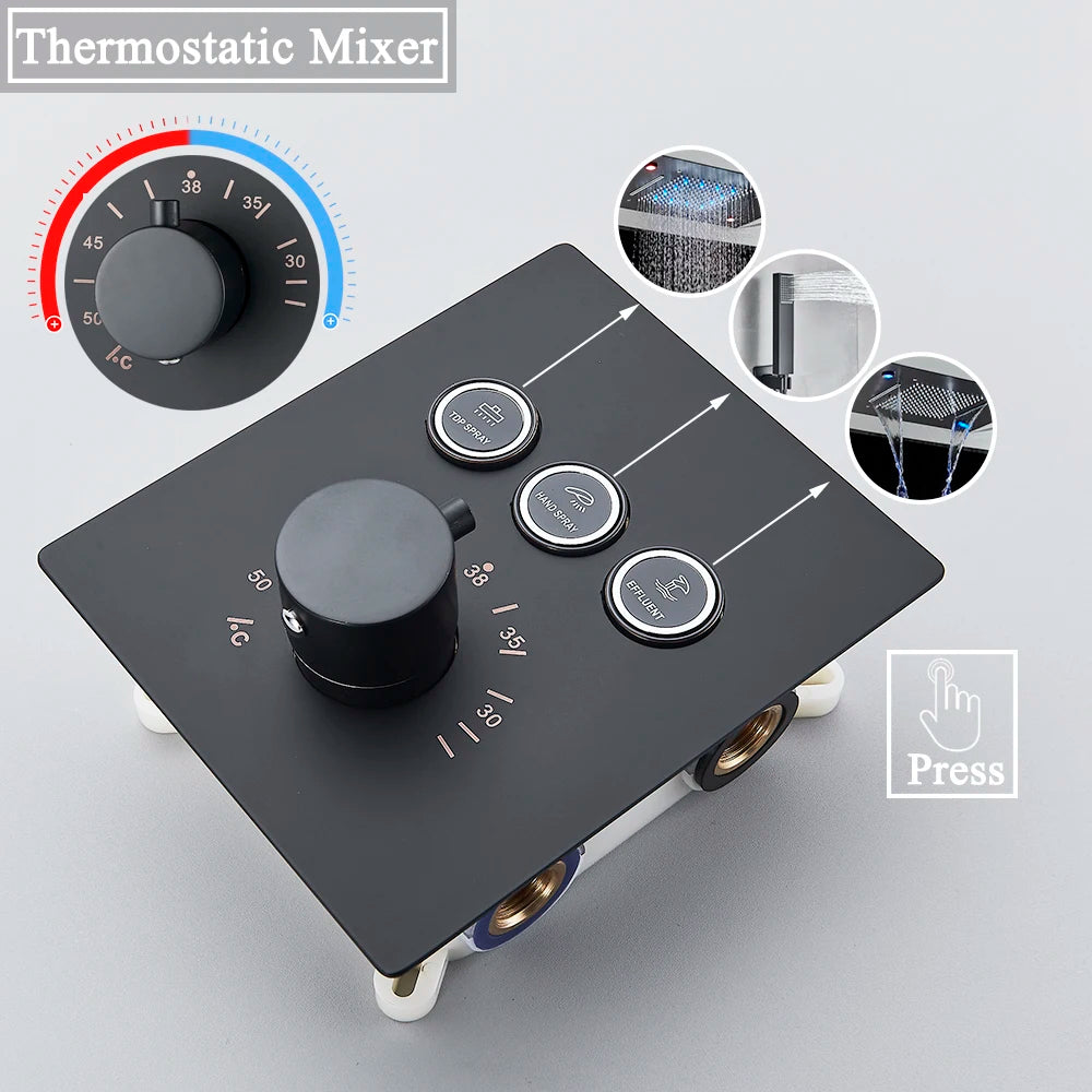 Douche - Regendouche - Douchewand - Douchekolom - Douchepanelen - LED Thermostatische Regendouche – Plafondmontage, Waterval & Afstandsbediening - Matte Zwart