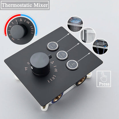 Douche - Regendouche - Douchewand - Douchekolom - Douchepanelen - LED Thermostatische Regendouche – Plafondmontage, Waterval & Afstandsbediening - Matte Zwart