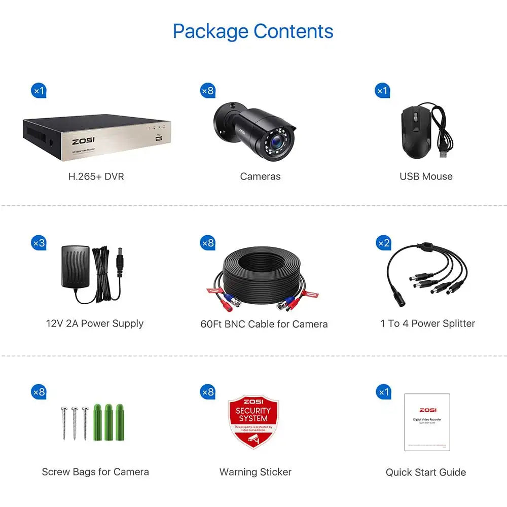Beveiligingscamerasysteem - CCTV Camerasysteem - 265+ 5MP Lite DVR -  8-Kanaals - Openlucht- IP66 Waterdichte - Bewakingscamera - Beveiligingscamera - 1080p Camera – Nachtzicht – Complete Video Surveillance Kit - Zonder Harde Schijf - 8 Stuks - Zwart - QUORE