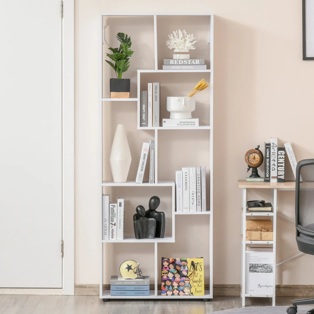 Verticale Boekenkast – Opbergkast - Boekenrek - Vakkenkast - 8 Vakken - Moderne - E1 Spaanplaat - Vrijstaande - 70x24x178 cm – Wit - QUORE