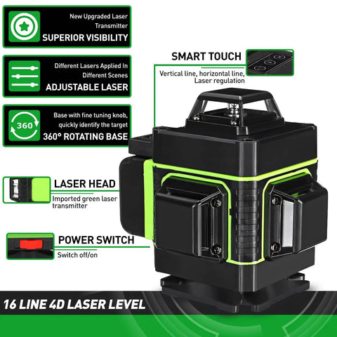4D 16-lijn Kruislijnlaser + Statief 1,2m - Zelfnivellerende 360° Graden Groene laser - Incl. 2x accu & handige draagtas - Lijnlaser - Bouwlaser - Laserwaterpas - QUORE