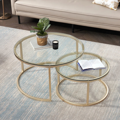 Set van 2 Ronde Bijzettafels – Luxe Ronde Salontafels – Bijzettafels van Metaal met Gehard Glas – Stijlvolle Koffietafels – Goudkleurig Frame – Moderne Tafels – 60 cm & 40 cm Diameter