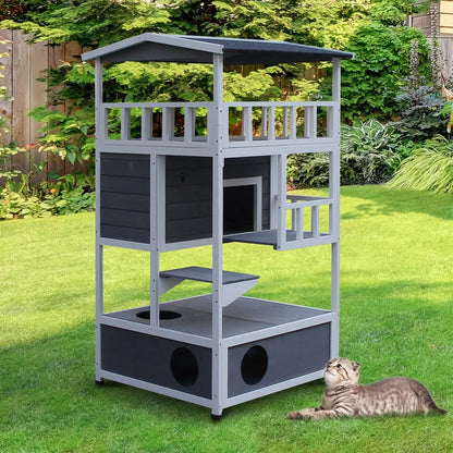 Houten Kattenhuis – Kattenhuisje – Kattencondo – Kattenverblijf – Kattenhok – Weerbestendig Met Grijs Asfalt Dak – 3 Verdiepingen Met Veel Ruimte - QUORE