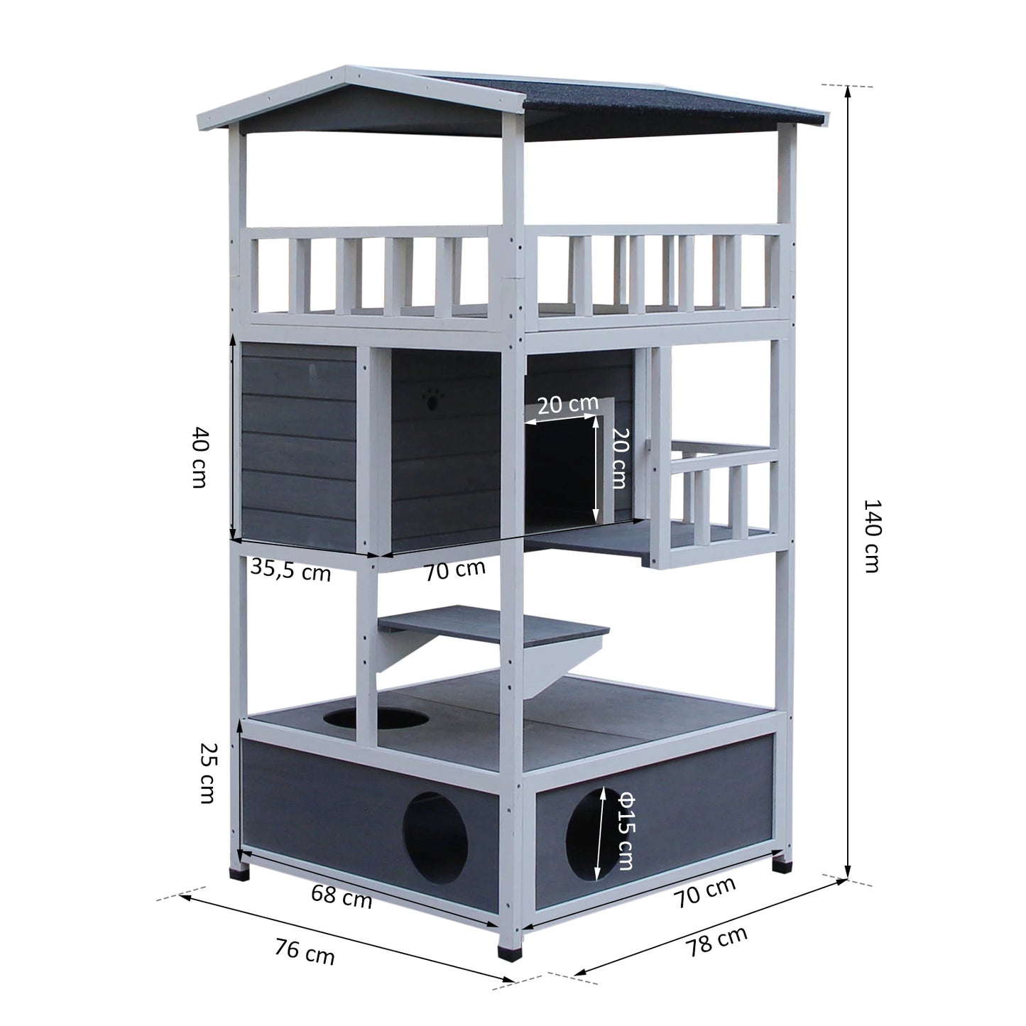 Houten Kattenhuis – Kattenhuisje – Kattencondo – Kattenverblijf – Kattenhok – Weerbestendig Met Grijs Asfalt Dak – 3 Verdiepingen Met Veel Ruimte - QUORE
