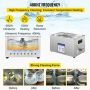 Vevor - Ultrasonic cleaner - Portable - Frequency 40kHz - 220V - Cleaning device for jewelry and glasses - 316 stainless steel - Capacity 3L - Silver
