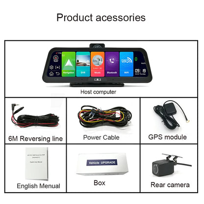 Dashcam voor Auto - 10" 4G ADAS Dashcam - GPS Navigatie & Dual Lens Achteruitrijcamera - 15m Achtercamera - Geen Geheugenkaart - Zwart
