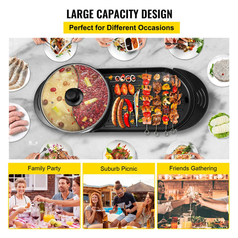 Vevor 2-in-1 Elektrische BBQ Pan Grill en Hot Pot - Krachtig 1600W - Draagbaar en Rookvrij - Afneembare Anti-aanbaklaag - BBQ - Gourmet - Grill - Kookgerei - Koken - QUORE