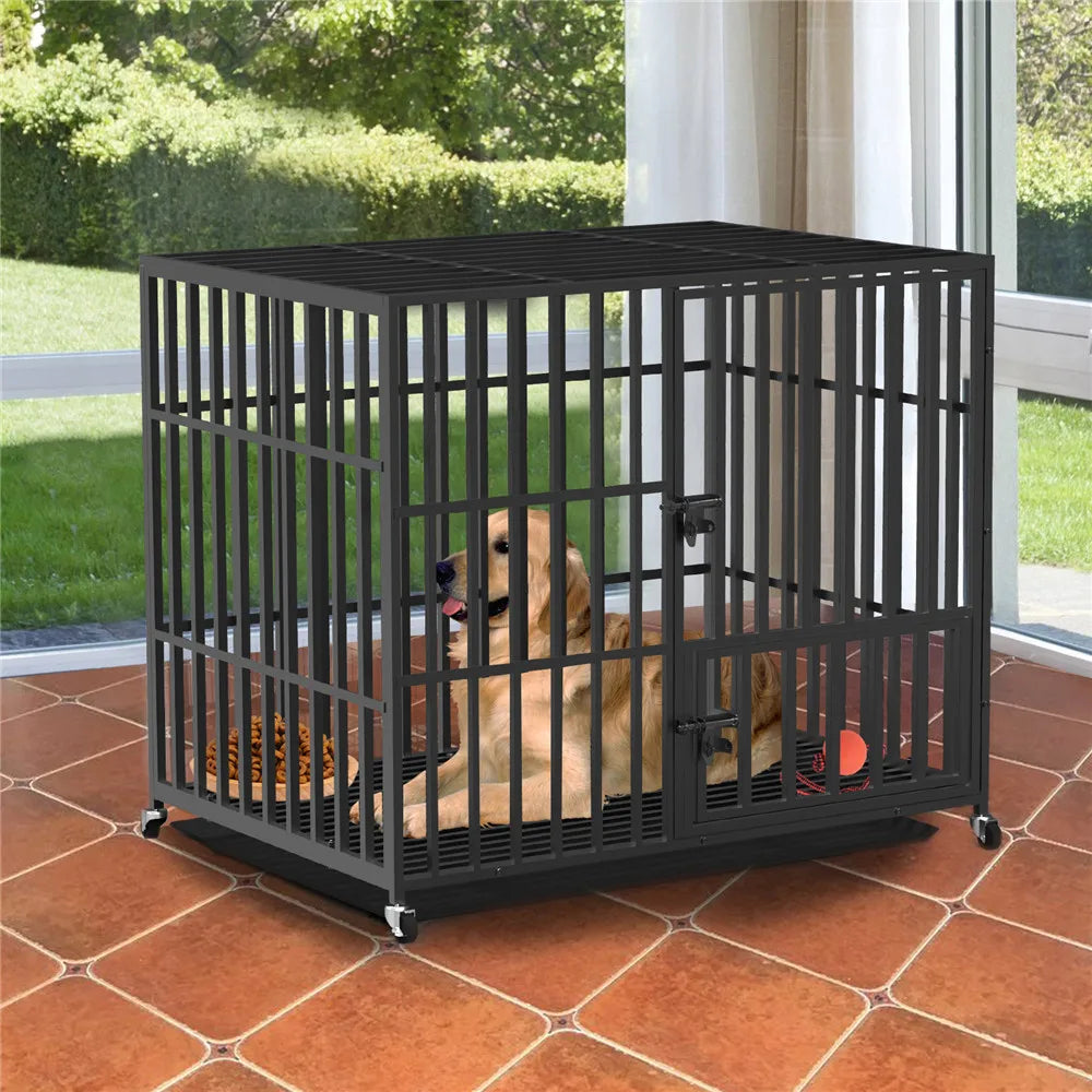 Hondenbench - Hondenkooi - Hondenkrat - Kennelbox - met Wielen - Afneembare Lade - Zwaare - Stevig - 3 Deuren Sloten - Gewichtscapaciteit 100 kg - Metaal - L - 95 x 57 x 81 cm - Zwart - QUORE