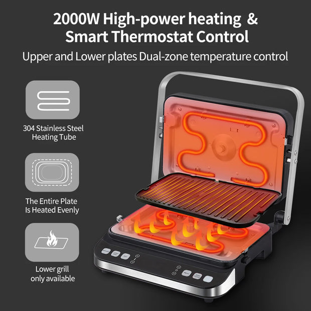 Wafelijzer - Wafelmaker - Waffle iron - Waffle Machine - Regelbare Thermostaat - 2000W Digitale Contactgrill & Panini Pers - 180° Openklapbaar - Zilver