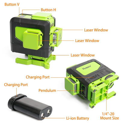 3D Kruislijnlaser – Laserwaterpas – Lijnenlaser – Zelfnivellerend – Groene Laser – 12 Lijnen – Waterdicht IP54 - met Laserwaterpasontvanger