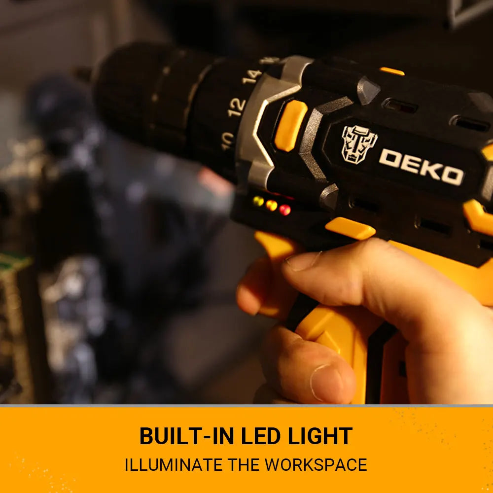 Deko - Accuboormachine - Accuboormachines - Accuboormachine - Boormachine - Borstelloos - Combinatiekit - Houtbewerkingsgereedschap - 12V - 28N.m - Zwart & Geel - QUORE