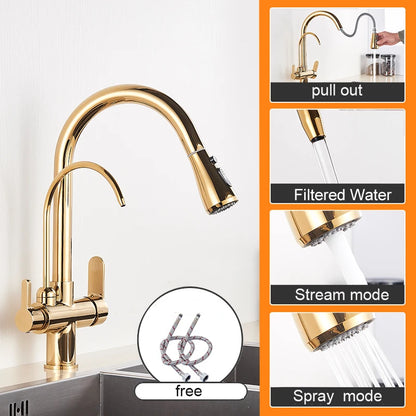 Keukenkraan - met Uittrekbare Uitloop - Twee Handgrepen - voor Koud -Vuistdouche - Warm Water - Drinkwater - Goud - QUORE