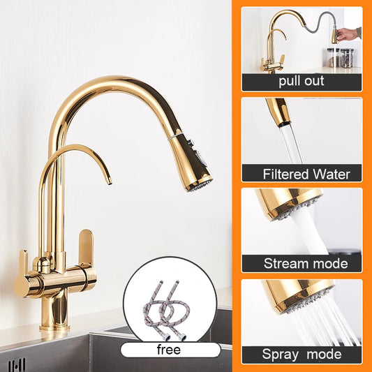 Keukenkraan - met Uittrekbare Uitloop - Twee Handgrepen - voor Koud -Vuistdouche - Warm Water - Drinkwater - Goud - QUORE