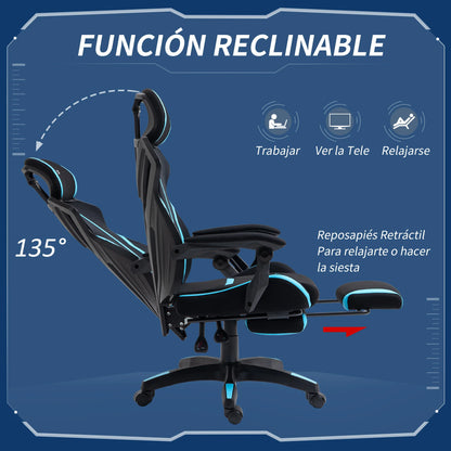 Ergonomische Bureaustoel – Bureaustoel – Kantoorstoel – Werkstoel – Gamingstoel – Verstelbare Rugleuning – Uittrekbare Voetensteun - 65 x 65x 119-129 cm - Zwart & Blauw