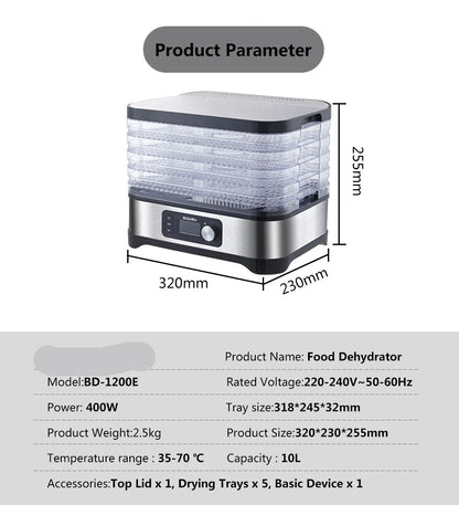 Voedseldroger - Droogoven - Dehydrator - 5 Lagen - Droogrekken - Digitale Timer - en Temperatuurregeling - 5 Lagen - BPA-vrije