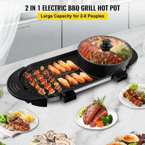 Vevor 2-in-1 Elektrische BBQ Pan Grill en Hot Pot - Krachtig 1600W - Draagbaar en Rookvrij - Afneembare Anti-aanbaklaag - BBQ - Gourmet - Grill - Kookgerei - Koken - QUORE