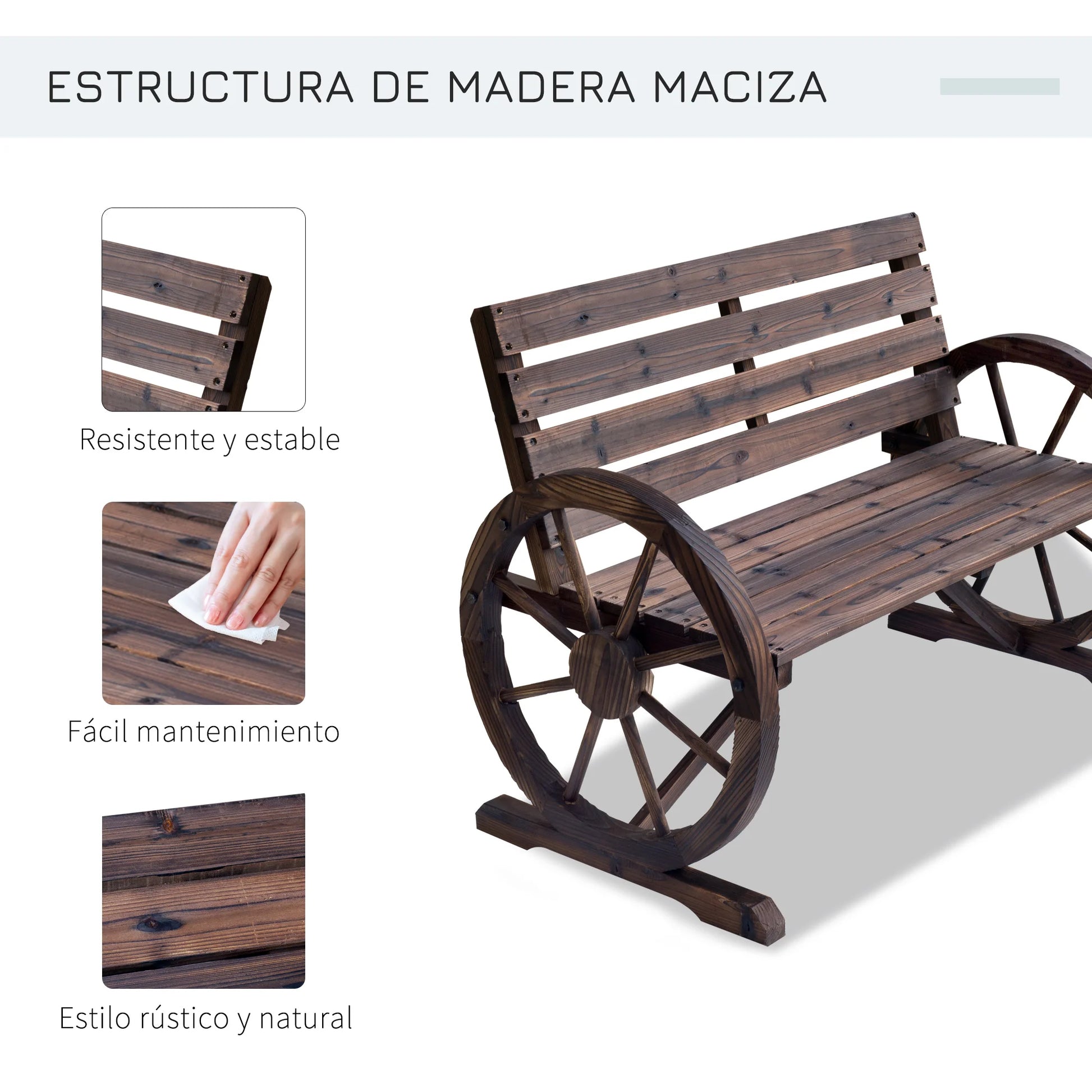 Tuin Bank - Tuinbank Hout - Tuinbanken - Garden Furniture - Rustieke Houten Tuinbank met Wagenwiel-Armleuningen - 2-Zits Bank van Vurenhout - QUORE