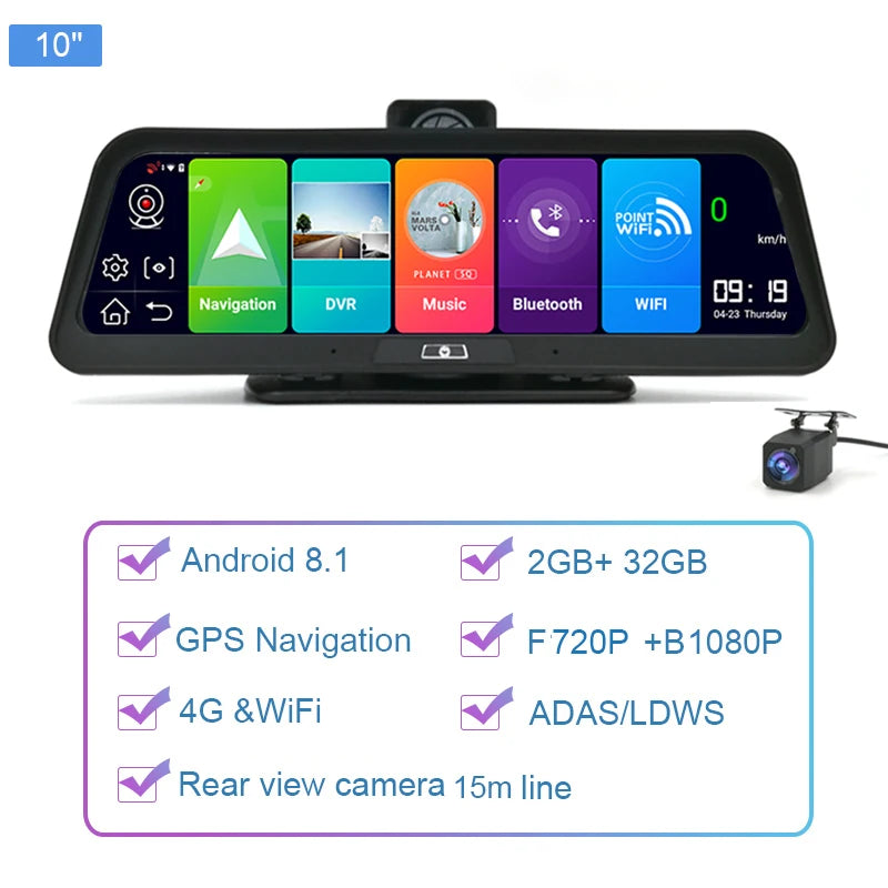 Dashcam voor Auto - 10” Android 8.1 Dashcam - IPS Touchscreen - ADAS Rijhulp - GPS Navigatie - WiFi - Dual Camera 1080P - Parkeermodus - G-Sensor - 4G 15m Camera aan de Achterkant - Zwart