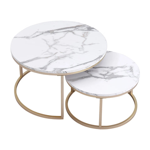 Table - Coffee Table - 2pcs - Marble Texture Round Coffee Table - Modern Minimalist - Solid Wood Lid - Gold Steel Frame - 60 x 60 x 45cm (Large) - 40 x 40 x 35cm (Small) - White