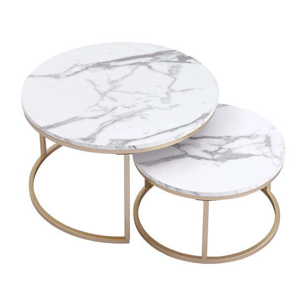 Table - Coffee Table - 2pcs - Marble Texture Round Coffee Table - Modern Minimalist - Solid Wood Lid - Gold Steel Frame - 60 x 60 x 45cm (Large) - 40 x 40 x 35cm (Small) - White