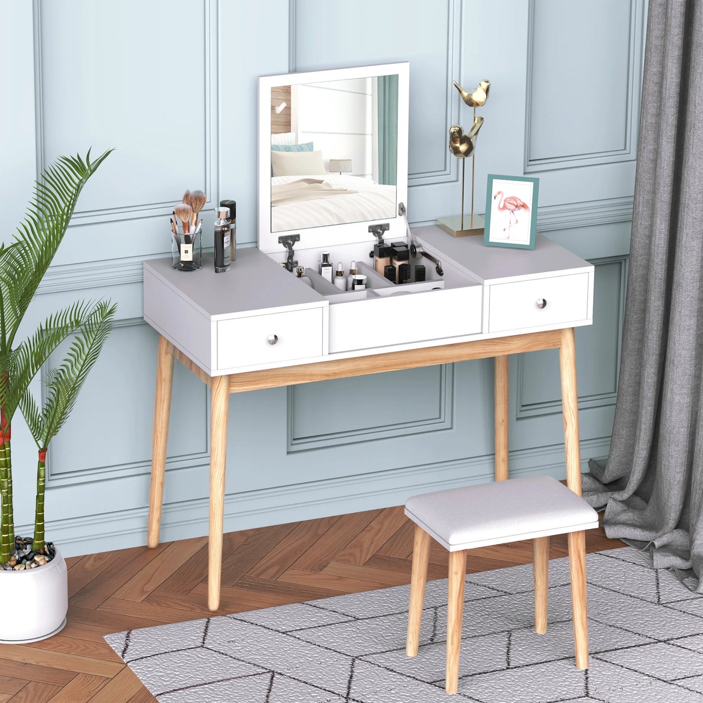 Kaptafel – Make-Up Tafel – Schminktisch – Slaapkamermeubel – Opbergruimte – 2 Lades – Zachte Kruk - 100 x 45 x 118 cm - QUORE