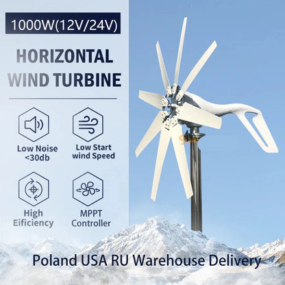 Windturbine - Windmolen - Windenergie - Windturbine Generator - 1000W - 12V - Horizontale Windmolen - met Hybride Controller - 3 Bladen - Energieopwekking - Voor Huis – Sterke Windkracht