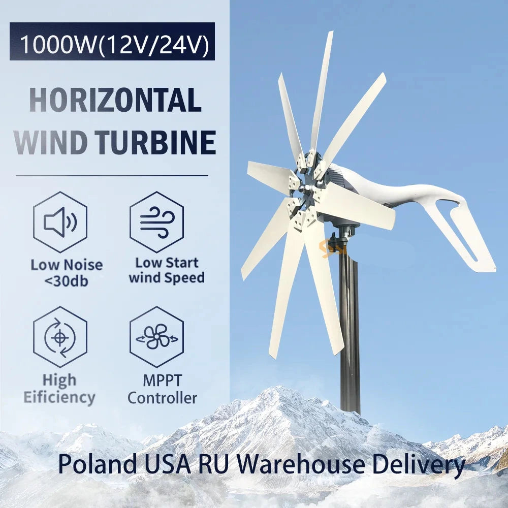 Windturbine - Windmolen - Windenergie - Windturbine Generator - 1000W - 24V - Horizontale Windmolen - met MPPT Controller - 3 Bladen - Energieopwekking - Voor Huis – Off-Grid Systeem – Sterke Windkracht