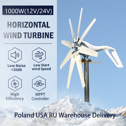 Windturbine - Windmolen - Windenergie - Windturbine Generator - 1000W - 24V - Horizontale Windmolen - met Hybride Controller - 3 Bladen - Energieopwekking - Voor Huis – Sterke Windkracht