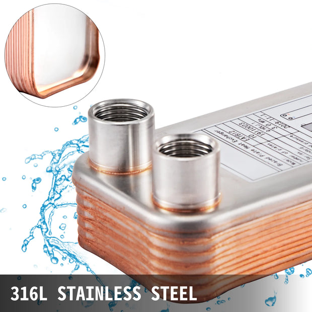 Vevor - Heat Exchanger Wort Chiller - 60 Plates - Stainless Steel - Beer Brewing Chiller Counterflow Chiller - Water Heating - 316L +99.9% Copper