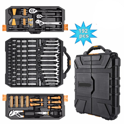 Professionele Gereedschapsset - 192-delige Auto Reparatie Toolset - Ratelsleutel, Schroevendraaiers & Doppen - Mechanische Handgereedschap Set - Met Stevige Opbergkoffer - Zwart