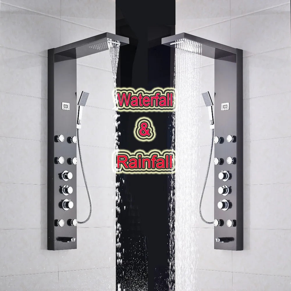 Douche - Regendouche - Douchewand - Douchekolom - Douchepanelen - Brons Douchezuil - Waterval - 6 Massagejets - Thermostatische Regendouche & Handdouche - Zwart