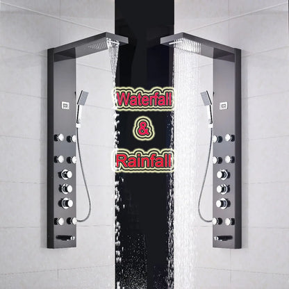 Douche - Regendouche - Douchewand - Douchekolom - Douchepanelen - Brons Douchezuil - Waterval - 6 Massagejets - Thermostatische Regendouche & Handdouche - Zwart