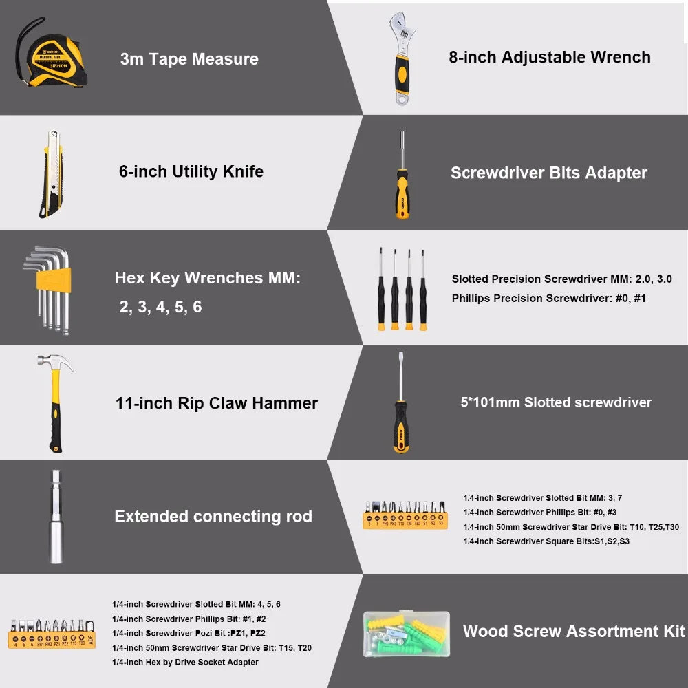 100 Piece Tool Set - Household &amp; DIY - Screwdrivers, Wrenches &amp; Hammer - With Storage Case - Black/Yellow