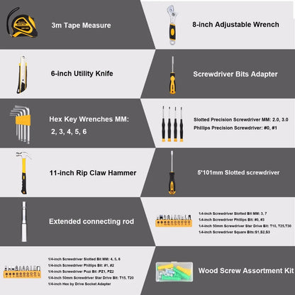 100 Piece Tool Set - Household &amp; DIY - Screwdrivers, Wrenches &amp; Hammer - With Storage Case - Black/Yellow