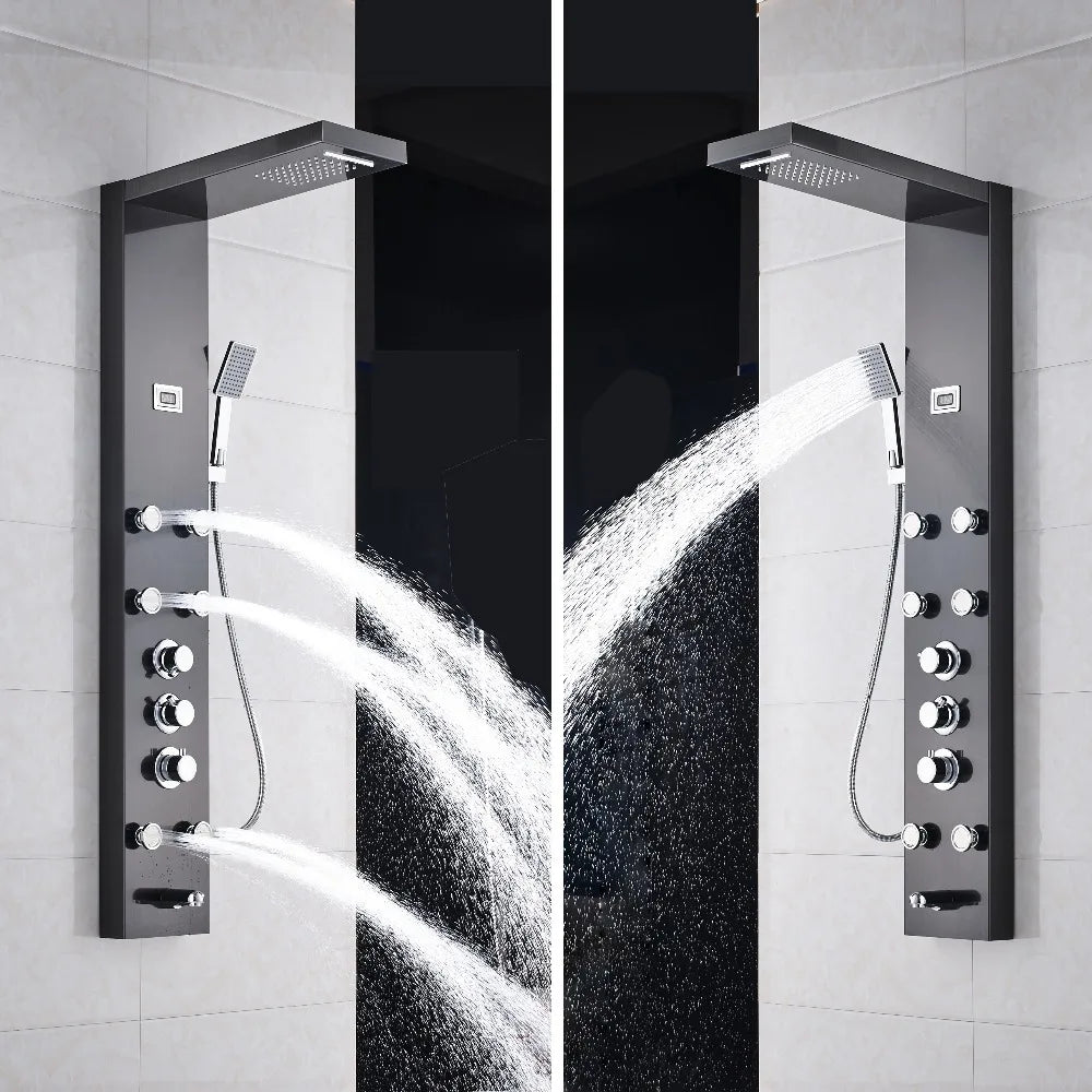 Douche - Regendouche - Douchewand - Douchekolom - Douchepanelen - Brons Douchezuil - Waterval - 6 Massagejets - Thermostatische Regendouche & Handdouche - Zwart
