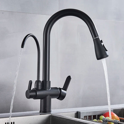 Keukenkraan - met Uittrekbare Uitloop - Twee Handgrepen - voor Koud - Warm Water - Vuistdouche - Drinkwater - en Keukenmixers - Zilver Grijs