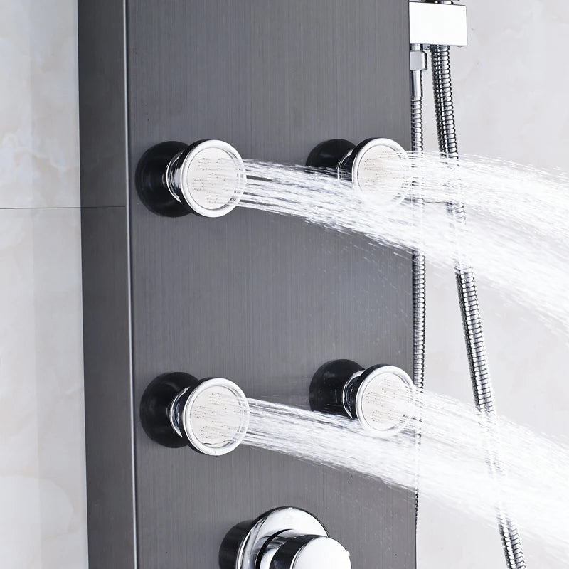 Douche - Regendouche - Douchewand - Douchekolom - Douchepanelen - Brons Douchezuil - Waterval - 6 Massagejets - Thermostatische Regendouche & Handdouche - Zwart
