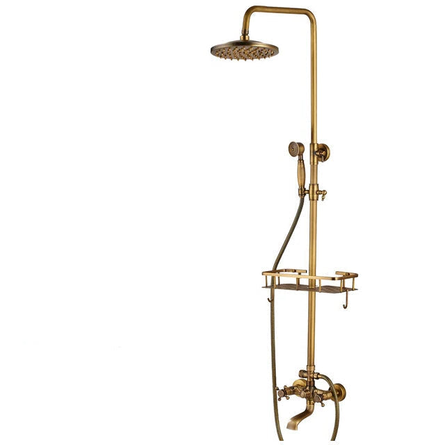 Douche - Regendouche - Douchewand - Douchekolom - Douchepanelen - Antiek Messing Bad & Douchekraan - Wandgemonteerd met Opbergplank & Verstelbare Hoogte - Gouden - QUORE